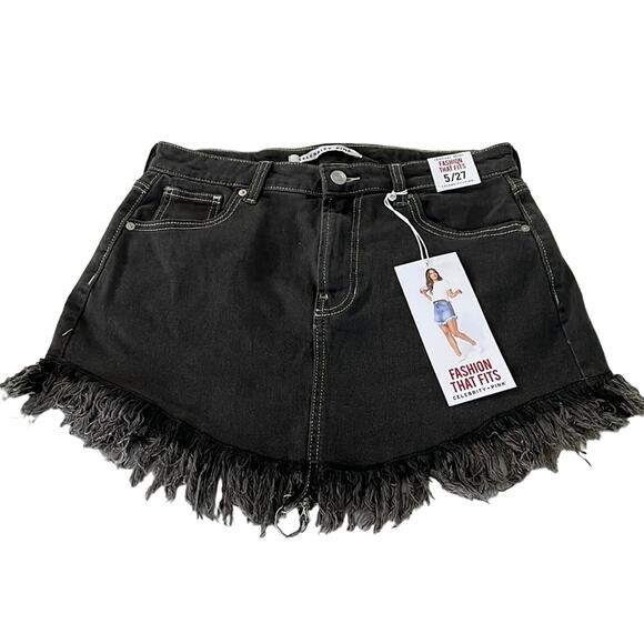 Celebrity Pink Black Denim Fringed Festival Mini Skirt Juniors Size 5 Boho NWT - Picture 1 of 10